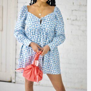 Lisa Says Gah! Lena Babydoll Mini Dress in Blue Daisy Check